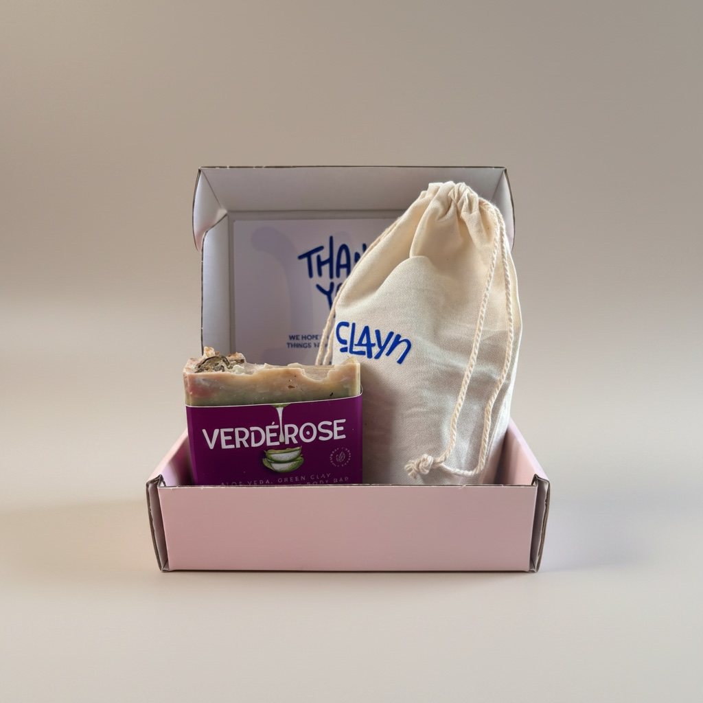 Clayn gift box with a Verdé Rose bar and cotton bag